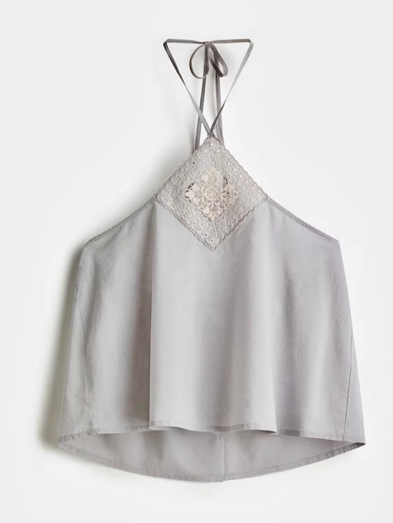 H&M Tops - H&M NWT 100% cotton crochet patch detail Halter Tank Top in Light Gray